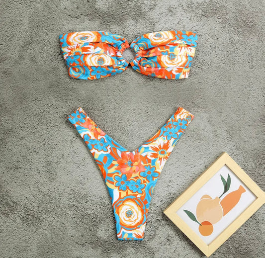 Strapless Bandeau Bikini ~ Blue & Orange